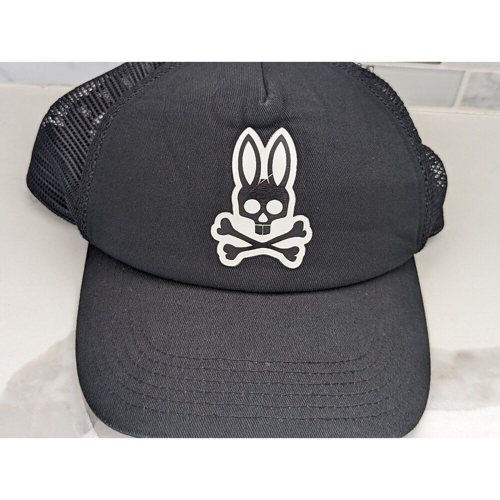RARE Psycho Bunny Trucker Baseball Hat Cap Mens Black Mesh Snapback Front Logo